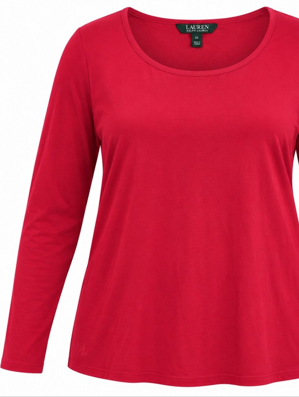 LAUREN RALPH LAUREN | Red Stretch Cotton Scoop Neck Long Sleeve Holiday Tee | 2X